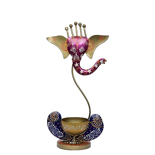 Glitzlives Present Handpainted Metal Lord Ganesha Tealight Candle Holder for Home| Pack of 1 | Best for Home Dcor | Best Diwali Gift (Blue)