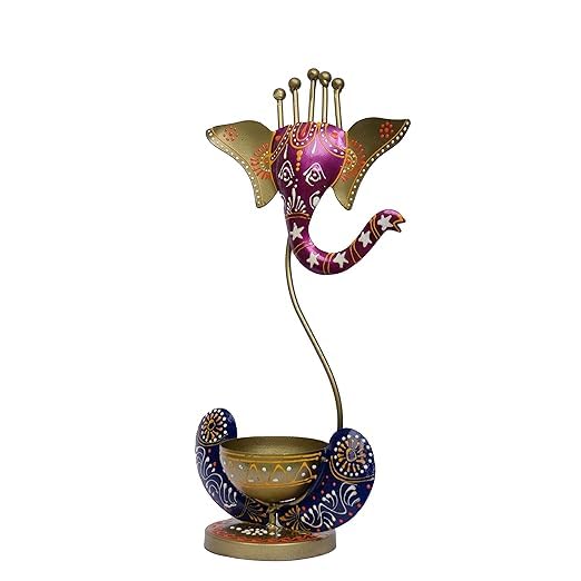 Glitzlives Present Handpainted Metal Lord Ganesha Tealight Candle Holder for Home| Pack of 1 | Best for Home Dcor | Best Diwali Gift (Blue)