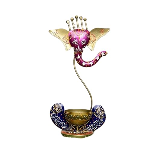 Glitzlives Present Handpainted Metal Lord Ganesha Tealight Candle Holder for Home| Pack of 1 | Best for Home Dcor | Best Diwali Gift (Blue)