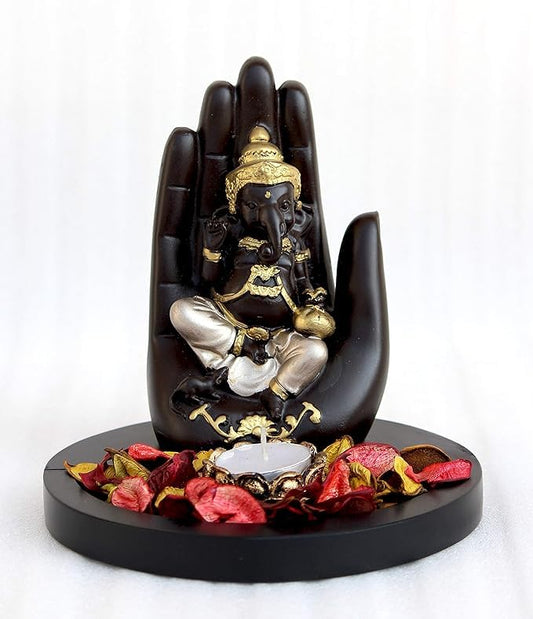 Glitzlives Handcrafted Palm Ganesha On Wooden Base with Candle Decorative Showpiece - 17 cm (Polyresin, Multicolor)