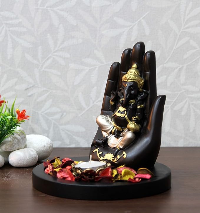 Glitzlives Handcrafted Palm Ganesha On Wooden Base with Candle Decorative Showpiece - 17 cm (Polyresin, Multicolor)