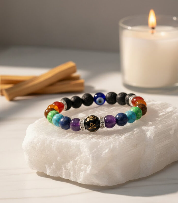 7 chakra Lava Regular Bracelet With Om Mani Evil Eye Beads